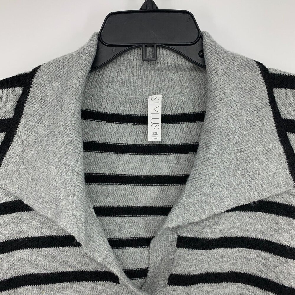 Stylus Sweater Gray Black Stripe V Neck Long Sleeve Pullover NWT - Picture 3 of 12
